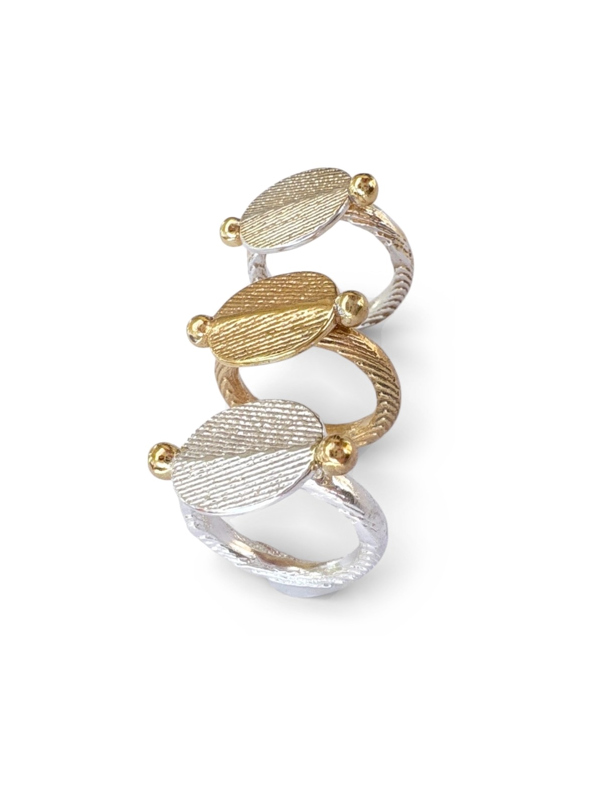 -S-E-A-M-S- Signet Ring — three stacked signet rings in silver and gold