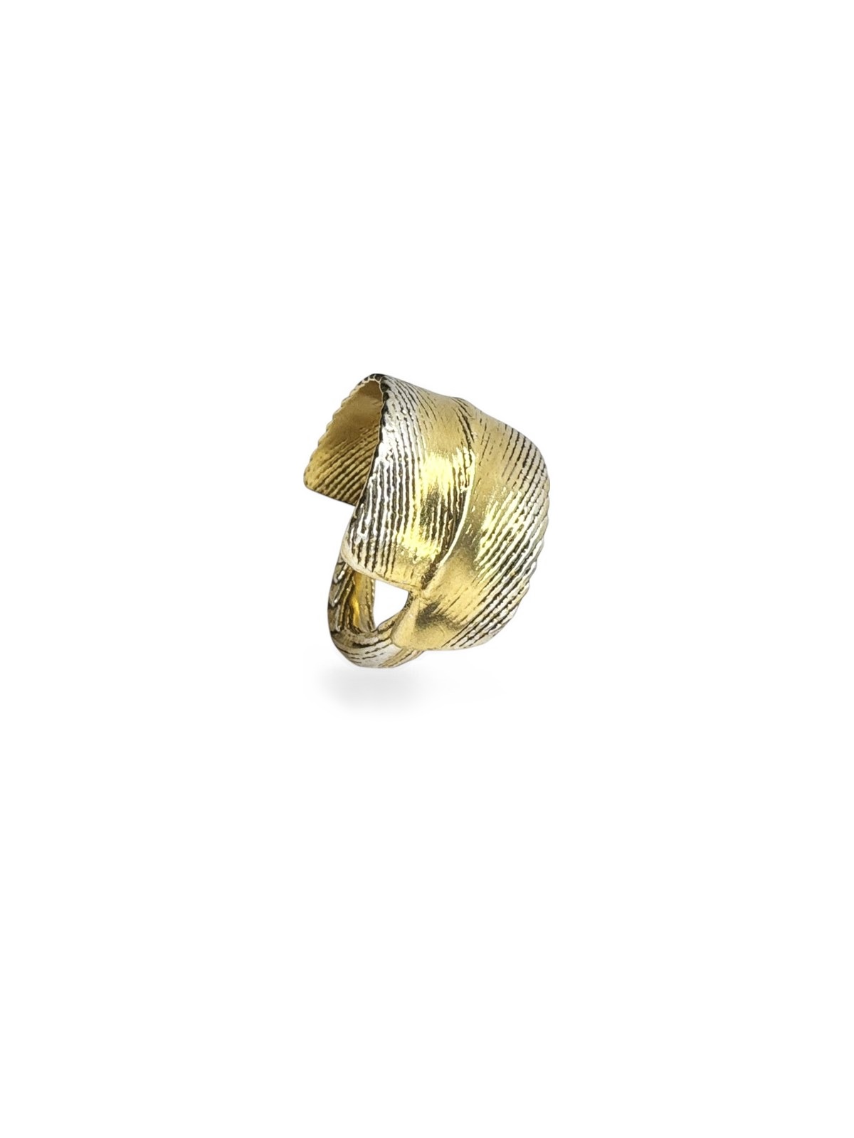 -S-E-A-M-S- Overlap Ring — wide sculptural gold band with overlapping ends